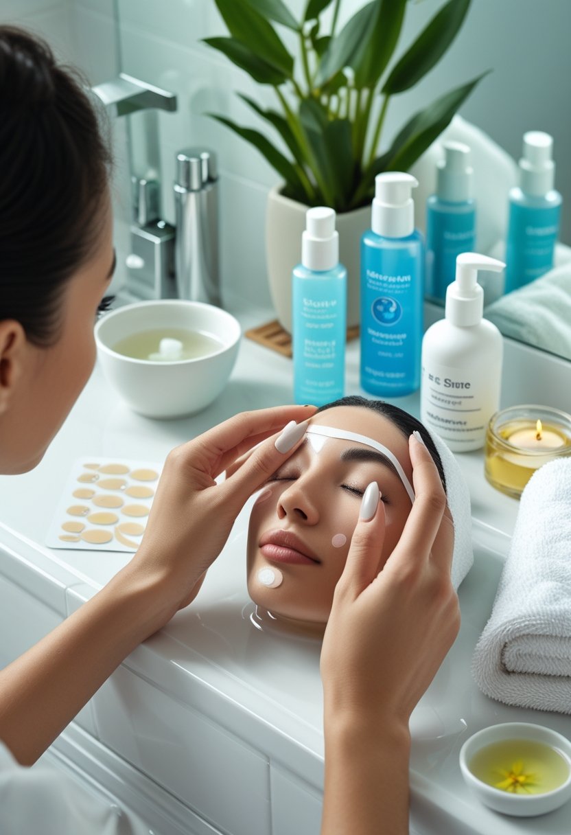 Close-up of hands applying a pore strip on the nose with skincare products and a towel on a bathroom countertop.